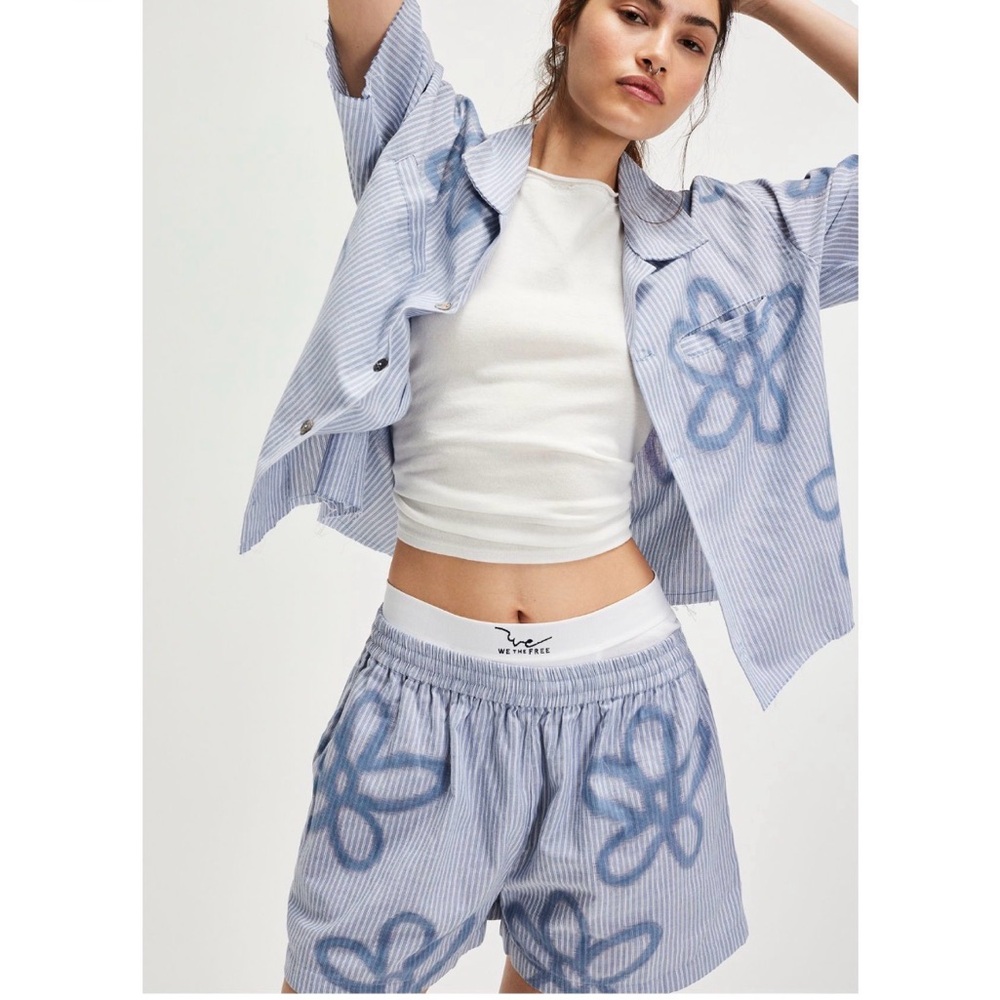 We The Free Light Blue Floral Stripe Lounge Shorts